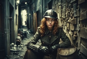 Fine art photo, glamour shot, Woman with Chestnut hairstyle, Gloves, inside a Trench, badge, Stahlhelm, crowded street, stylized, Light, epic atmosphere, theatrical, 