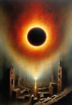 Abstract painting of the sun, black hole in the middle,  rising over a ruined city, art by Beksinski