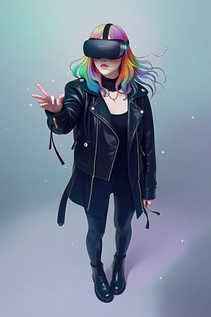 Dreamy art. Overhead shot of a Woman in Black Cyberpunk leather jacket and boots, VR Headset, with her right hand reaching out toward viewer, She has rainbow color hair. surrounded by a misty color palette of translucent blues, pale grays, and ethereal silvers, contrasting with hints of faded lavender and soft ghost green.