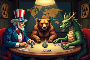 Create a satirical and symbolic illustration titled 'Nuclear Poker,' featuring Uncle Sam, a large bear (representing Russia), and a dragon (representing China) seated around a poker table. They are engaged in an intense game, with miniature missiles in the center of the table as their stakes. Uncle Sam is on the leftwearing his iconic red, white, and blue outfit, the bear sits in the midle, hulking and serious. The dragon is on the right, poised and watchful. The setting is a dark, moody room, with a world map or nuclear warning signs subtly placed in the background. The overall tone should blend humor, symbolism, and geopolitical commentary