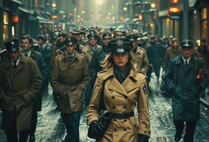 Photo of woman in trench coat, badge, gloves, walking in crowded street, Stahlhelm, stylized, Light, epic atmosphere, theatrical, 