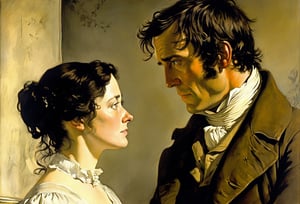 Art by Andrew Wyeth. A couple staring intensely at each other.  Elizabeth Bennet and Mr. Darcy from Pride and Prejudice