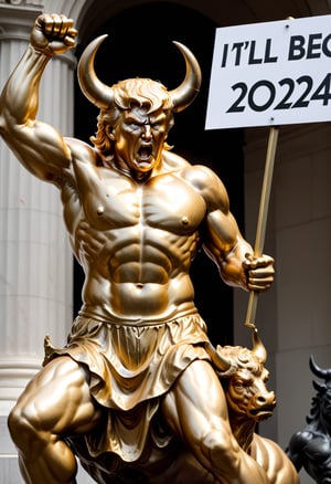 Photo of Golden Statue of Trump as a raging bull, holding sign with text logo "I'll be back in 2024", art by Rodin