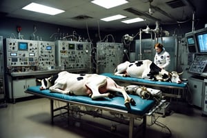 Photograph of a woman sleeping on a laboratory bench. Surrounding her are an unusual array of cows, each dressed as astronauts, wearing helmets and space suits with antennas. The cows stand in a semi-circle, observing the woman with curious expressions. The background reveals a dimly lit laboratory, with various scientific equipment and strange experiments. The overall atmosphere of the image is dreamlike and quirky, inviting viewers to question reality.