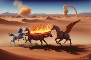 Fantasy painting of two mythical creatures fighting in a desert oasis.  One creature is made of flaming fire.  The other creature is made of fluid water. Steam is between them.