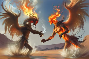 Fantasy painting of two mythical creatures fighting in a desert oasis. One is made of flowing water. One is made of flaming fire. There is steam is between them.