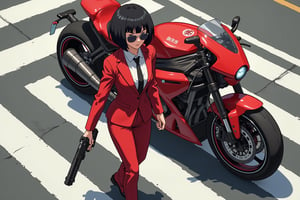 Anime style. Overhead shot of an Asian woman walking away from a futuristic motorcycle parked at a zebra crossing. The woman has bob hair, is smoking. She wear a red business suit, white shirt, black tie, and sunglasses. She holds a gun with a confident grip. The motorcycle itself is red, sleek and metallic, with intricate designs and a futuristic vibe.