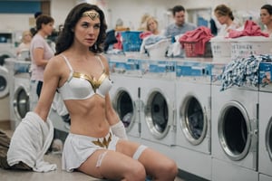 Photo of Wonder Woman, wearing white bras and  underwear and socks, waiting for her laundry to be done at a Laundromat.  The background have people talking and tending to their laundry.