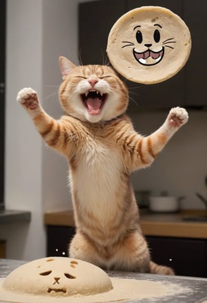 Photo doodle, an Italian cat, laughing, tossing a large disc shaped raw dough into the air