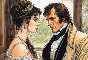 Art by Milo Manara. Closeup of a couple staring intensely at each other.  Elizabeth Bennet and Mr. Darcy from Pride and Prejudice