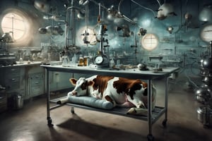 Photograph of a woman sleeping on a laboratory bench. Surrounding her are an unusual array of cows, each dressed as astronauts, wearing helmets and space suits with antennas. The cows stand in a semi-circle, observing the woman with curious expressions. The background reveals a dimly lit laboratory, with various scientific equipment and strange experiments. The overall atmosphere of the image is dreamlike and quirky, inviting viewers to question reality.