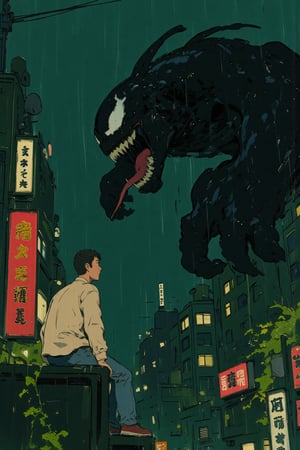 ghiblify anime. KikiLaPetiteSorciere style image. Sketch painting. ghiblistyle. A rainy night scene in a Japanese urban setting. A man in profile, is looking up in surprise at the looming and towering profile of Venom who advances on the same structure. The man wears a light beige long-sleeved shirt, blue jeans, and red shoes. Venom is depicted in his classic form: large, black, and muscular with a toothy grin, long red tongue, and white, menacing eyes. Heavy rain is falling and everyone is soaking wet. The background features a dense array of multi-story buildings with glowing windows and Japanese signage. Two vertical signs are prominent in the foreground. One, directly behind the man, is red with gold-colored characters (presumably Kanji). The other, on the lower left edge, is a lighter color with darker vertical text. The scene is filled with dark greens and blues, giving it a nocturnal and slightly melancholic atmosphere. Greenery, like vines and leafy plants, grows on the buildings and the structure where the man sits, contributing to the Ghibli aesthetic.,