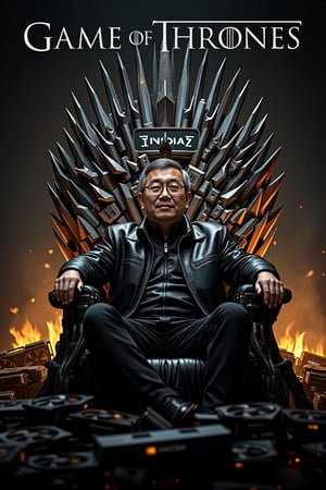 A Game of Thrones parody poster titled "GPU of Thrones". The throne is a towering, intricate gaming computer , witht the word "NVIDIA H100" written on it.  Surround it are piles of NVIDIA GPUs, Sitting confidently on this throne is Jensen Huang, a short, 50-year-old Asian man with glasses, graying hair, and his signature black leather jacket. His posture is relaxed but commanding, embodying the cool authority of a tech titan. The flames from the GPUs cast dynamic, glowing reflections off his glasses and jacket, emphasizing his central role in this tech-empire parody. 