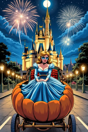 In style of comic book. An illustration of of Cinderella driving pumpkin-shaped carriage as she heads to the ball. Cinderella, dressed in her sparkling blue gown, wears cool aviator sunglasses, adding a modern and edgy twist to her classic look. The carriage round and shaped like a giant pumpkin. In the background, a majestic castle stands illuminated under the night sky, with bright fireworks bursting above it. The road leading to the castle is lined with glowing lanterns, adding a magical touch. The vibe is a mix of fairytale magic and modern cool. Soft moonlight, vibrant fireworks, modern fairytale aesthetic, whimsical yet stylish.