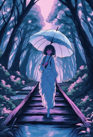 Anime illustration of a Japanese schoolgirl holding a transparent umbrella. She gracefully walks across a wooden bridge, with the reflection of her steps visible on the wet ground below. The background is a lush, mystical forest with towering trees and a soft, ethereal glow. Style by Makoto Shinkai. Dreamyvibes Artstyle