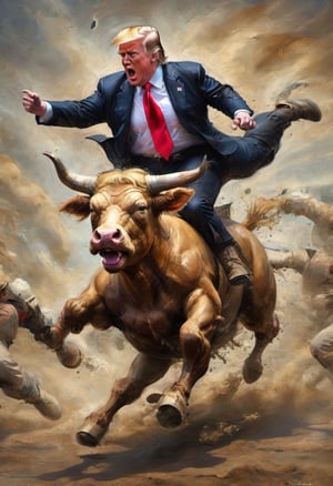 Donald Trump riding a raging bull toward Capitol Hill
