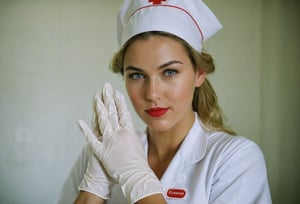 Instagram photo of 26 y.o sexy nurse, putting on rubber gloves, perfect detailed eyes, natural skin, hard shadows, film grain, style by J.C. Leyendecker. Canon 5d Mark 4, Kodak Ektar, 35mm