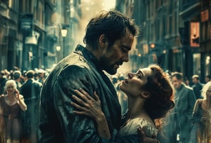 Fine art photo, glamour shot, couple hugging, Macbeth and Lady Macbeth, crowded street, stylized, Light, epic atmosphere, theatrical, 