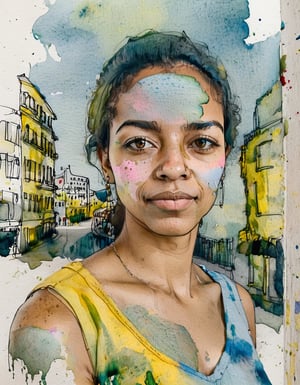Portrait of a Brazilian woman. watercolor draft, archdrafting, downtown Rio de Janeiro, pastel colors