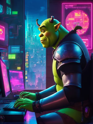 Shrek hacking on a computer, glowing screen. Large window, cyberpunk cityscape.   DreamWorks Animation ,cyberpunk