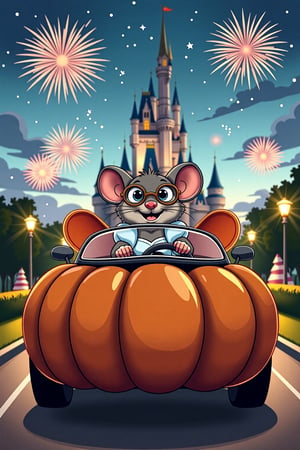 A whimsical illustration of a mouse driving Cinderella to the ball in a car shaped like a big, round pumpkin. Cinderella is sitting in the passenger seat, wearing cool aviator glasses, smiling with excitement. The mouse is gripping the wheel, determined to get her there on time. In the background, a grand, magical castle stands tall, with vibrant fireworks lighting up the sky. The scene is set at dusk, with soft, warm lighting highlighting the playful, fairytale atmosphere. Dynamic, cartoonish style, bright colors, wide-angle view, cinematic framing.