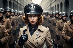 Fine art photo, glamour shot, Woman with Chestnut hairstyle, Gloves, inside a Trench, badge, Stahlhelm, crowded street, stylized, Light, epic atmosphere, theatrical, 