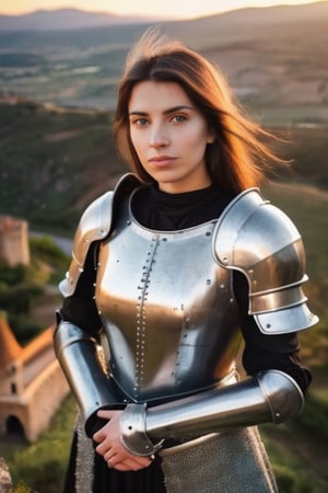 Overhead shot of  pretty Argentine young woman in medieval metal armor, near a faraway castle at sunset. overlooking a valley, casual photo