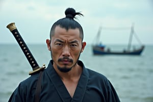 A Japanese man dressed as a Samurai, with a classic chonmage topknot haircut. He carries a sword in his side. Background is the sea with a fishing boat