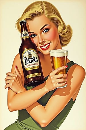 A vintage 1960s beer advertisement featuring a blonde woman hugging a bottle of Birra Peroni beer while holding a glass of the beer in her hand. The woman has her arms crossed and is looking at the camera with a smile on her face. The beer bottle is brown with a white label and a gold cap.