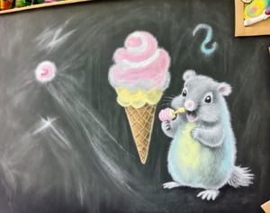 Ch4lk4rt, a very soft and fluffy blurry chalk drawing of a lemming eating ice cream, pastel color, on a chalk board