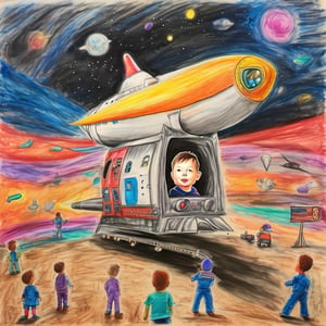 children-drawing, colorful drawing, Elon Musk, big head, watching space-X starship take off. creative artwork, classic steam locomotive, vibrant colors, stand out,