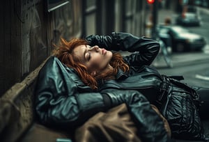 selfie, fine art photo, glamour shot, (designed by Chris Friel:0.8) , photograph, crowded street, stylized, (Woman:1.3), Resting on a diagonal, the Woman has Chestnut hairstyle, Gloves, inside a Trench, Light, Heterotype, Sony A7, 800mm lens, vibrant, colorful, dramatic, epic atmosphere, theatrical, badge, Stahlhelm