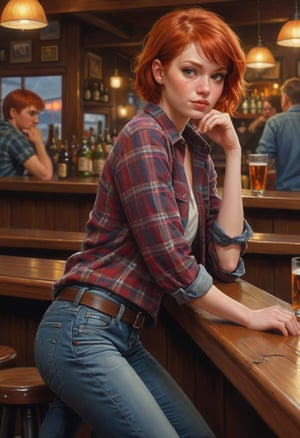 Digital painting of a red-headed girl leaning back against a bar at the local tavern short hair flannel shirt and jeans by and Craig Mullins and Michael Komarck