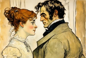 Art by Toulouse-Lautrec. A couple staring intensely at each other.  Elizabeth Bennet and Mr. Darcy from Pride and Prejudice