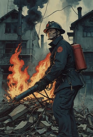 Closeup  of a fireman, Guy Montag from Fahrenheit 451, torching a pile of books with a flamethrower.