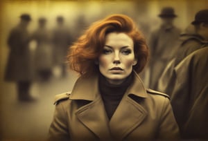 selfie, fine art photo, glamour shot, (designed by Chris Friel:0.8) , photograph, crowded street, stylized, (Woman:1.3), Resting on a diagonal, the Woman has Chestnut hairstyle, Gloves, inside a Trench, Light, Heterotype, Sony A7, 800mm lens, vibrant, colorful, dramatic, epic atmosphere, theatrical, badge, Stahlhelm