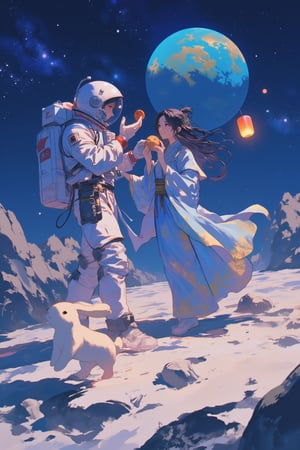 Anime style by J.C. Leyndecker. lyn. iam. ando. An astronaut celebrating the Moon Festival on the surface of the moon with Chang'e, the moon goddess, and the Jade Rabbit. The astronaut is in a modern spacesuit, holding a mooncake, while Chang'e stands beside him, wearing traditional, flowing robes with a soft, glowing aura. The Jade Rabbit hops playfully around them. They are surrounded by a serene lunar landscape, with Earth glowing in the starry sky behind them. A small floating lantern adds to the festive atmosphere. The overall scene blends elements of Chinese mythology with a futuristic space setting.