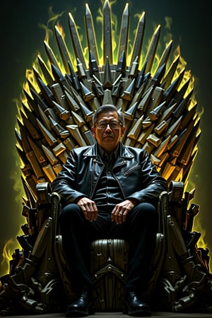 In a clever and humorous parody of Game of Thrones, the iconic Iron Throne is reimagined with NVIDIA GPUs taking the place of swords. The throne is a towering, intricate structure made entirely of NVIDIA graphics cards, all ablaze with flickering green and yellow flames, symbolizing the power and intensity of cutting-edge technology. Sitting confidently on this throne is Jensen Huang, a short, 50-year-old Asian man with glasses, graying hair, and his signature black leather jacket. His posture is relaxed but commanding, embodying the cool authority of a tech titan. The flames from the GPUs cast dynamic, glowing reflections off his glasses and jacket, emphasizing his central role in this tech-empire parody. The overall image blends the epic, regal atmosphere of Game of Thrones with a modern twist, paying homage to both the fantasy series and the world of high-performance computing.