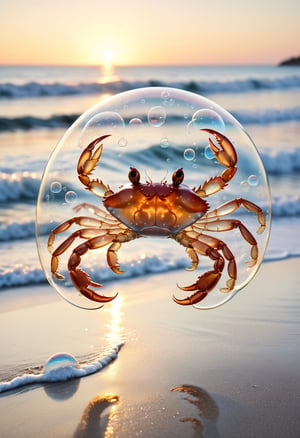 Photo of a transparent  crab made of soap bubbles, walking on beach, ocean waves in the background, highly detailed, golden hour