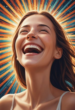 Digital artwork.  A woman smiling joyfully, her face is made of radiating abstract patterns of light 