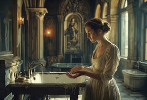 Fine art photo, glamour shot, Lady Macbeth washing her hand, castle interior, stylized, Light, epic atmosphere, theatrical, 