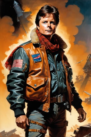 (portrait of Michael J Fox wearing old futuristic flight jacket, scars, scrap metal, radio, scarf, 1970s), in the style of Frank Frazetta, Arther Rackham, Dean Cornwell, pulp, volumetric lighting, dramatic lighting, pulp science fiction, black, smoke, belt, backpack, warm colors