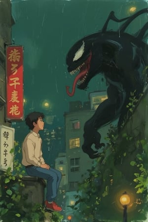 ghiblify anime. KikiLaPetiteSorciere style image. Sketch painting. ghiblistyle. A rainy night scene in a Japanese urban setting. A man in profile, is looking up at the looming and towering profile of Venom who advances on the same structure. The man wears a light beige long-sleeved shirt, blue jeans, and red shoes. Venom is depicted in his classic form: large, black, and muscular with a toothy grin, long red tongue, and white, menacing eyes. Heavy rain is falling and everyone is soaking wet. The background features a dense array of multi-story buildings with glowing windows and Japanese signage. Two vertical signs are prominent in the foreground. One, directly behind the man, is red with gold-colored characters (presumably Kanji). The other, on the lower left edge, is a lighter color with darker vertical text. The scene is filled with dark greens and blues, giving it a nocturnal and slightly melancholic atmosphere. Greenery, like vines and leafy plants, grows on the buildings and the structure where the man sits, contributing to the Ghibli aesthetic.,