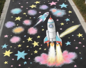 Ch4lk4rt, a very soft and fluffy blurry colorful chalk art of ((a rocket launch)), many hearts and stars, black background