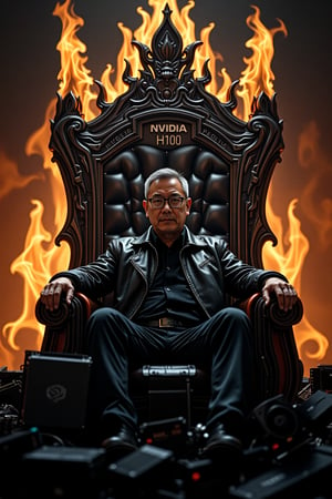 The throne is a towering, intricate gaming computer , witht the word "NVIDIA H100" written on it.  Surround it are piles of NVIDIA GPUs, Sitting confidently on this throne is Jensen Huang, a short, 50-year-old Asian man with glasses, graying hair, and his signature black leather jacket. His posture is relaxed but commanding, embodying the cool authority of a tech titan. The flames from the GPUs cast dynamic, glowing reflections off his glasses and jacket, emphasizing his central role in this tech-empire parody. 