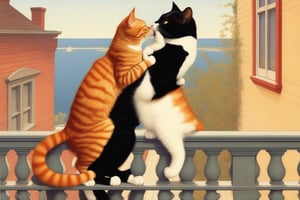 Two cats kissing on a balcony. One cat is an orange tabby. The other is a black cat. Parody of Romeo and Juliet.  Art by Norman Rockwell.