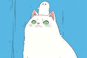 lyh_niji, anime. A white cat with green eyes and a funny expression, with a white ghost standing on its head.  Background is a blue wall. This comic-style illustration is in the style of Herge and Hayao Miyazaki,