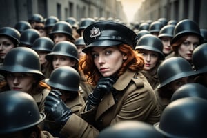 selfie, fine art photo, glamour shot, (designed by Chris Friel:0.8), photograph, crowded street, stylized, (Woman:1.3), Resting on a diagonal, the Woman has Chestnut hairstyle, Gloves, inside a Trench, Light, Heterotype, Sony A7, 800mm lens, vibrant, colorful, dramatic, epic atmosphere, theatrical, badge, Stahlhelm