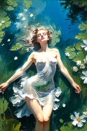 best quality,  extremely detailed,  HD,  8k, oil painting, 1 sexy girl, ((the flower lake)), (sexy wet top and skirt made of water) , ((sexy and wet)), top view, closeup, face up, (holy:1.25), dreamwave, (aesthetic:1.25), abstract (sharp:1.1), close eyes, art by sargent, naked shoulder, semi nude,ink scenery