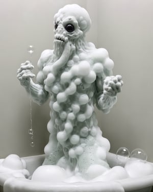 Photo of eldritch horror monster, made out of bath foam, taking a bubble bath , victorian bathroom, art by Escher